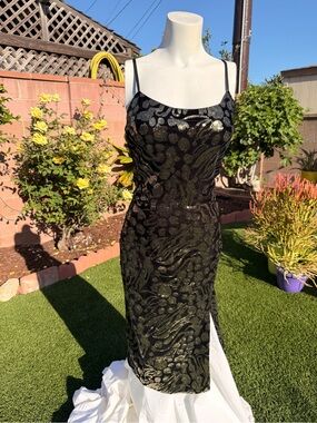 Dress the Population Black Metallic Gold Animal-Print Slip Dress